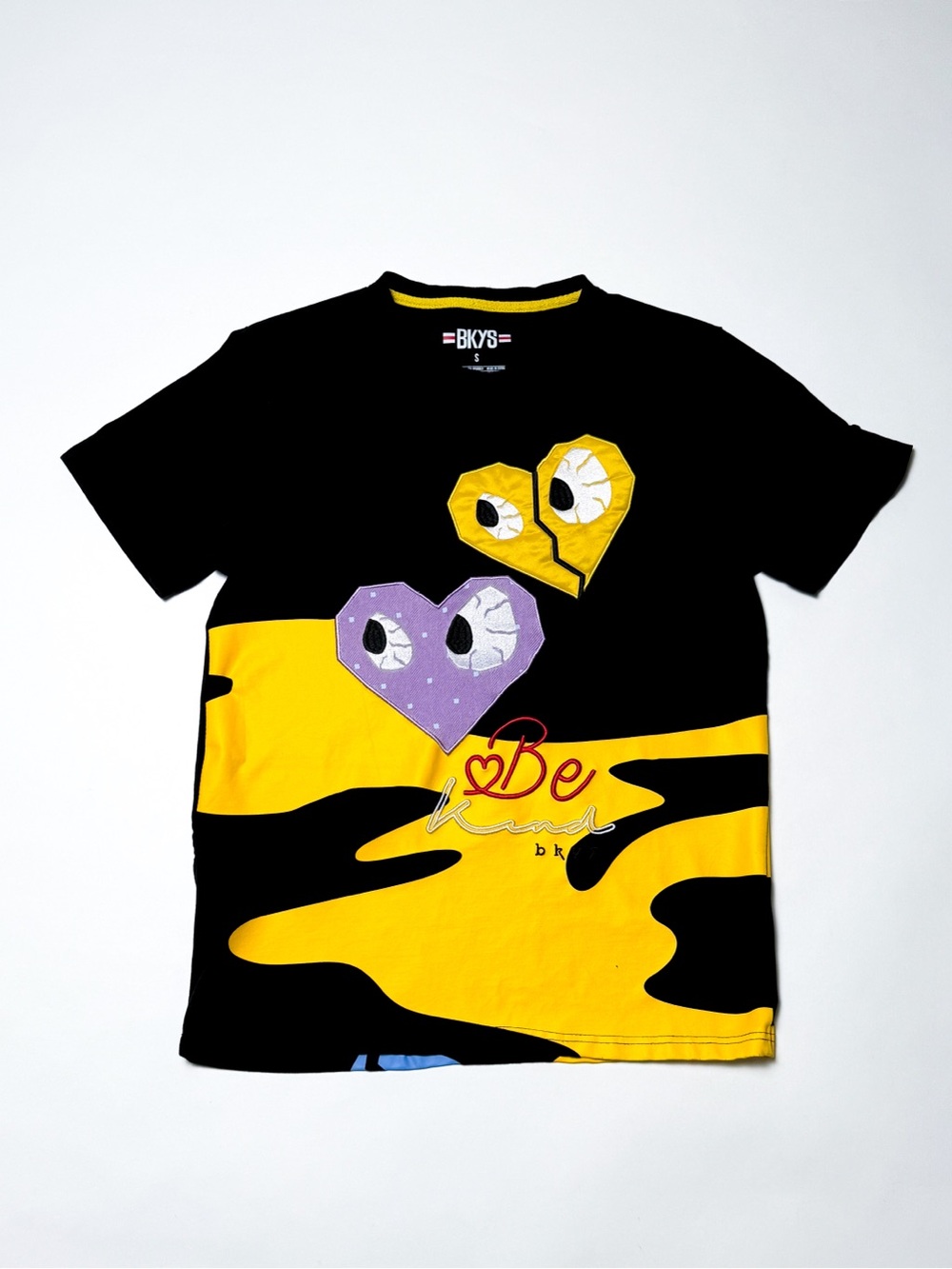 BKYS Be Kind Embroidered Patchwork Graphic T-Shirt Black Yellow S